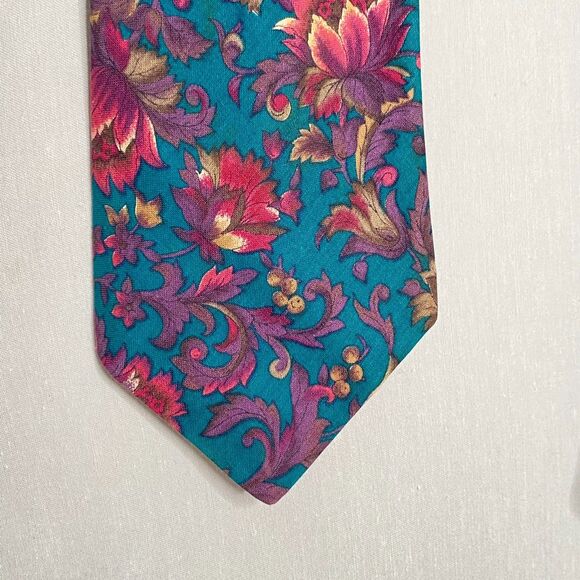 Rohde Royce Necktie Green  Burgundy Floral Pattern 100% Cotton - Picture 3 of 8